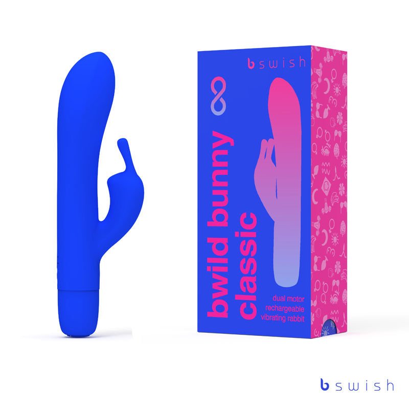 Bwild classic bunny infinite - rabbit vibrator - blue, Product front view and box front view | Flirtybay.com.au